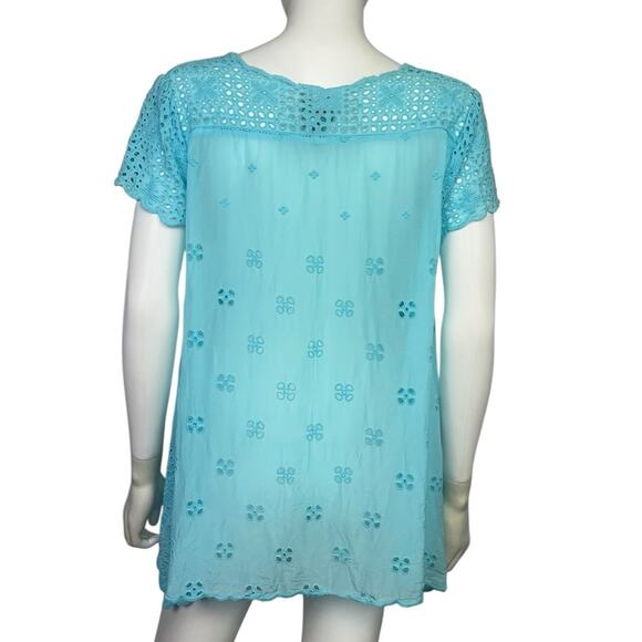 Johnny Was Women's S Blue Embroidered Darla Boho Scoop Eyelet Tunic Top EUC - Picture 2 of 4